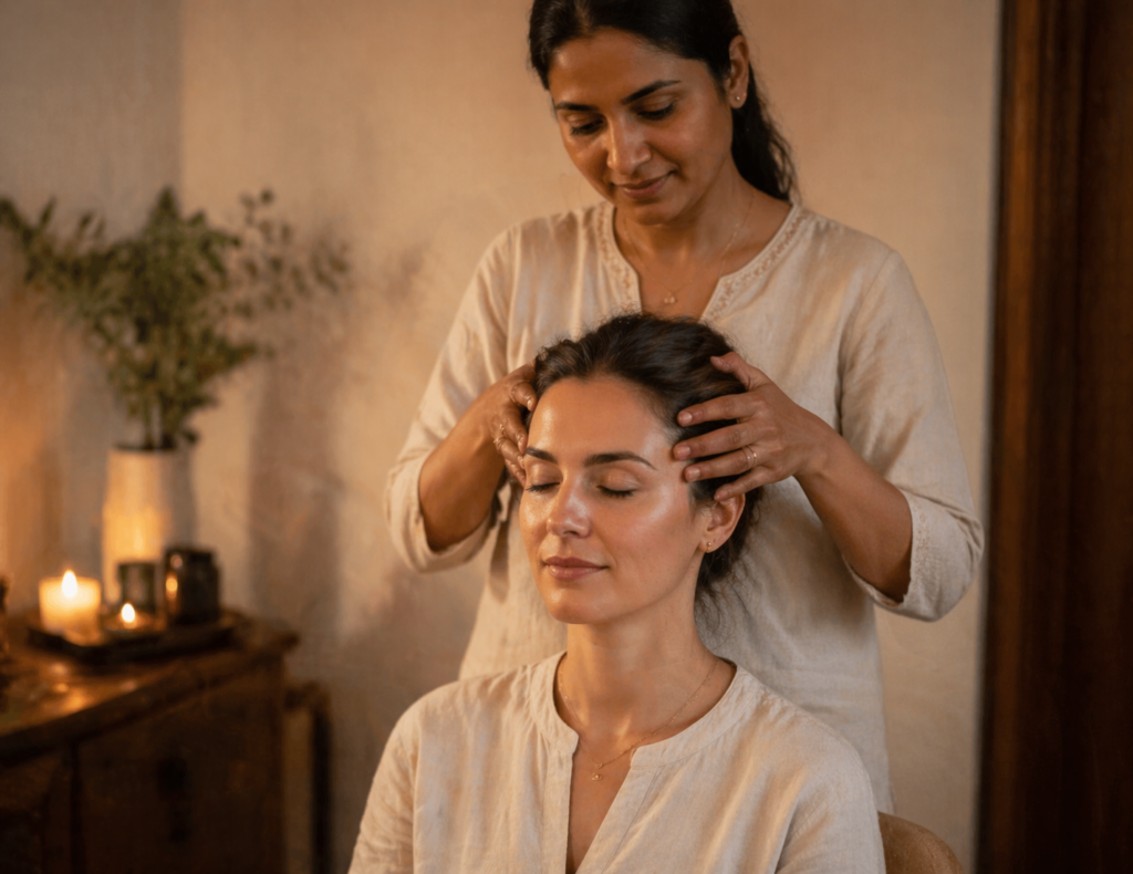 Une femme réalise un modelage crânien ayurvedique sur une autre femme. Lumière et environnementt doux.
