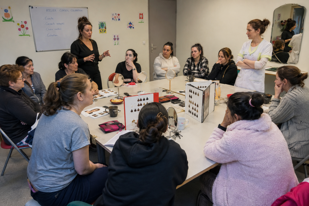 Socio-coiffeuse animant un atelier collectif de groupe